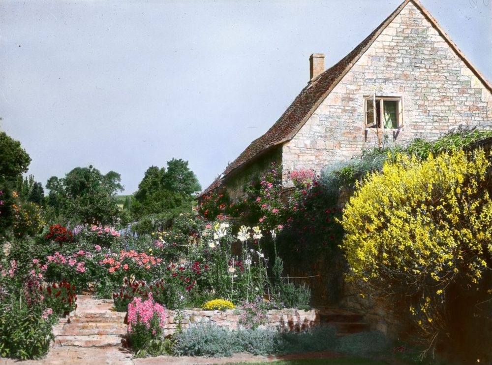 Glass lantern slide of 'The Rose Garden at Mrs Bennet Clark's'