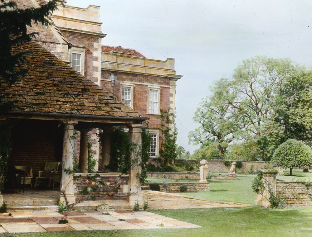Colour lantern slide of Loggia and terrace at Seagrey House.